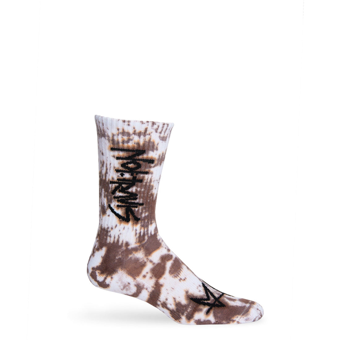 Not.Travis casual collab socks with brown tie dye design shown on mannequin.