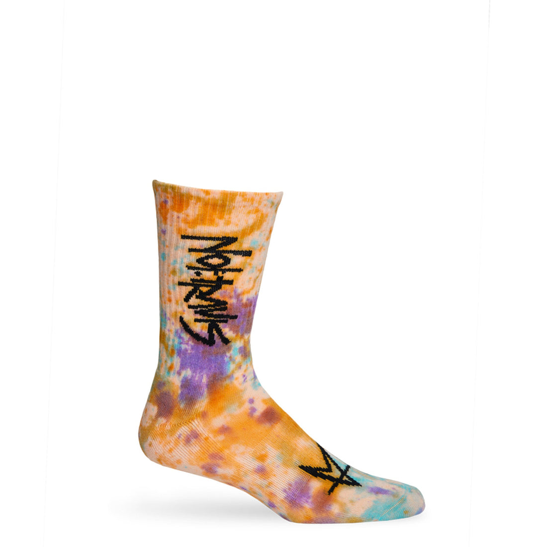 Not.Travis casual collab socks with peach colored tie dye design shown on mannequin.