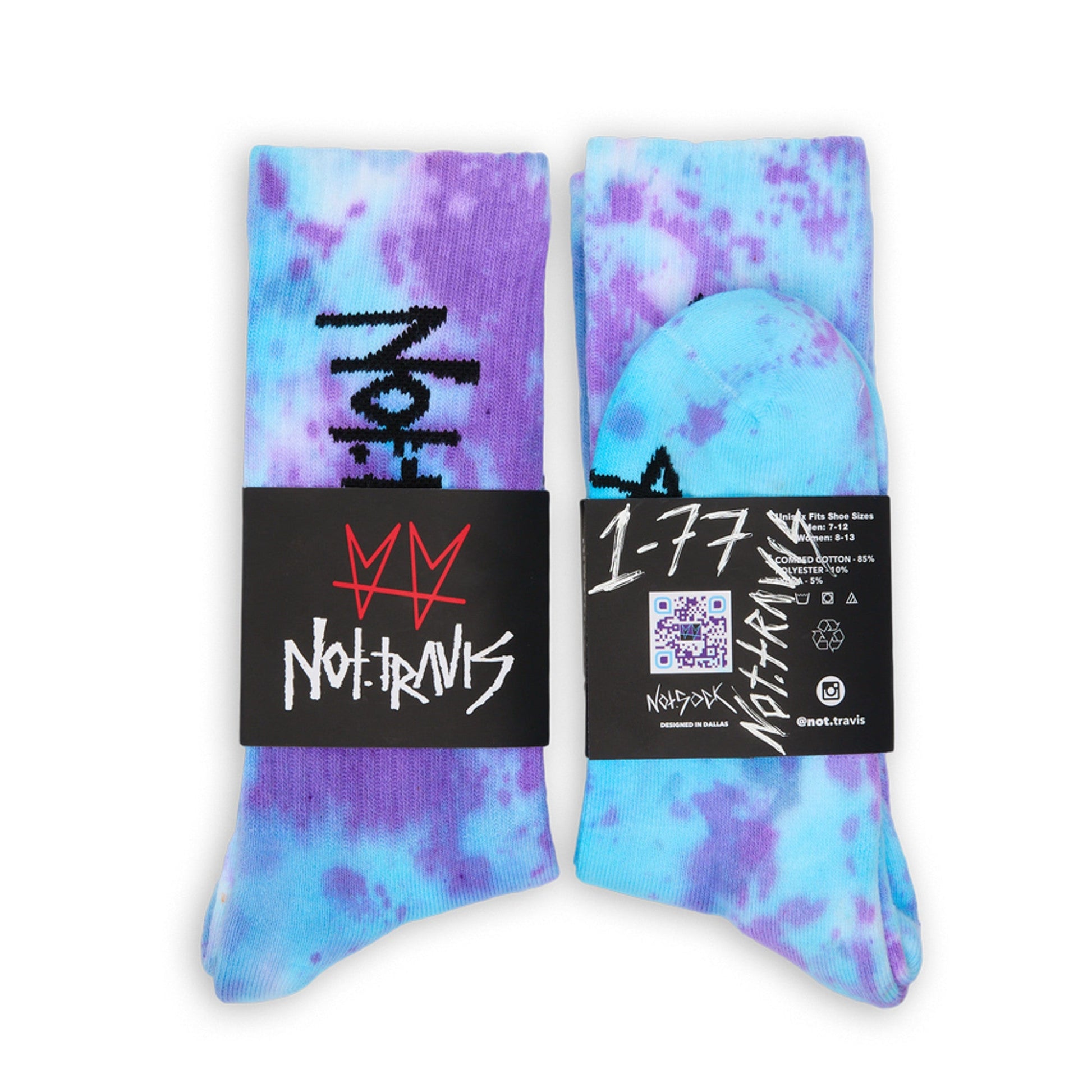Signed label 1/77 not.travis casual athletic socks with blue and purple tie dye design shown laid out flat.