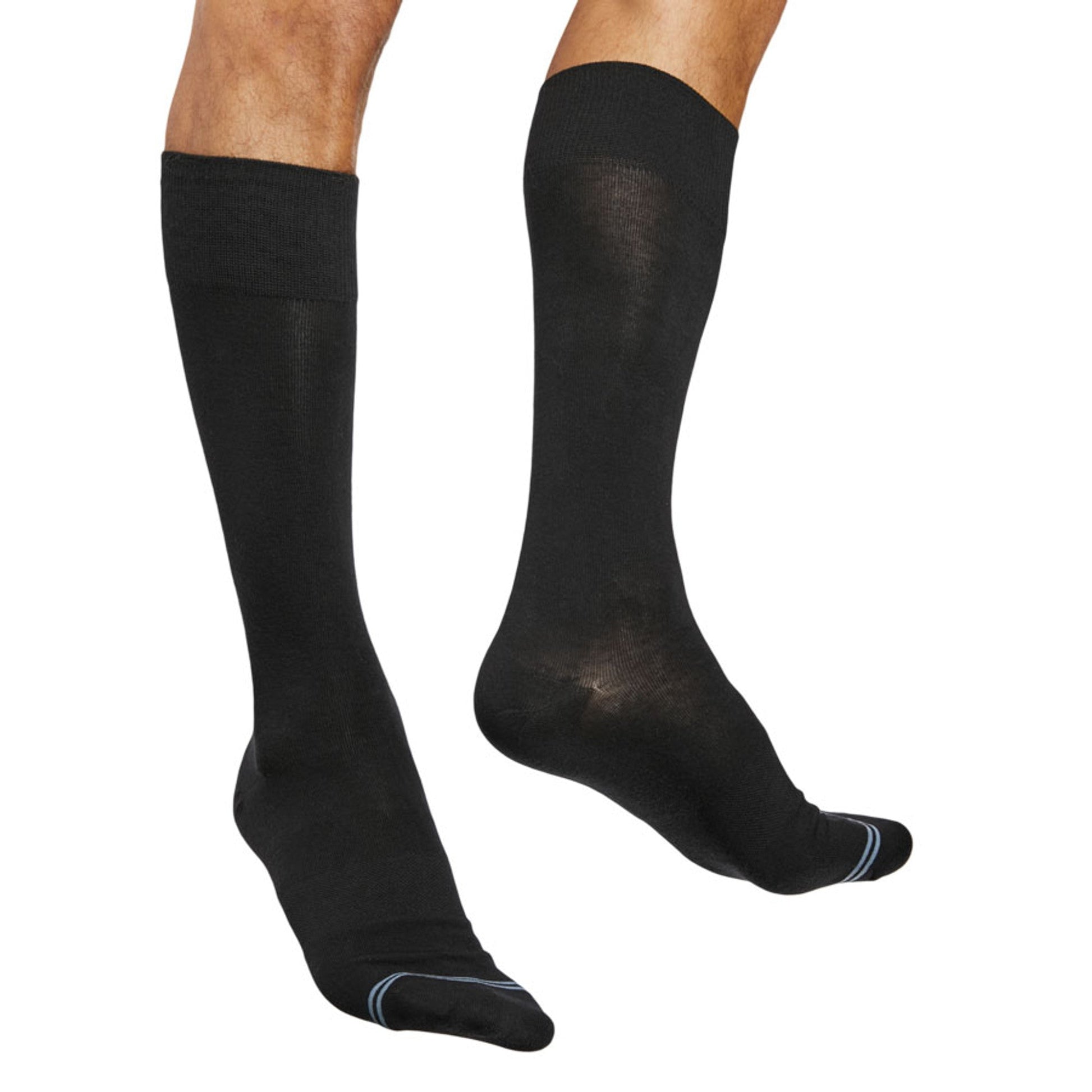 1 pair of dress socks in solid jet black with powder blue double horizontal stripes across the toe worn by male model