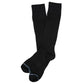1 pair of dress socks lay side by side crossed at the ankle in solid jet black powder blue double horizontal stripe over toe