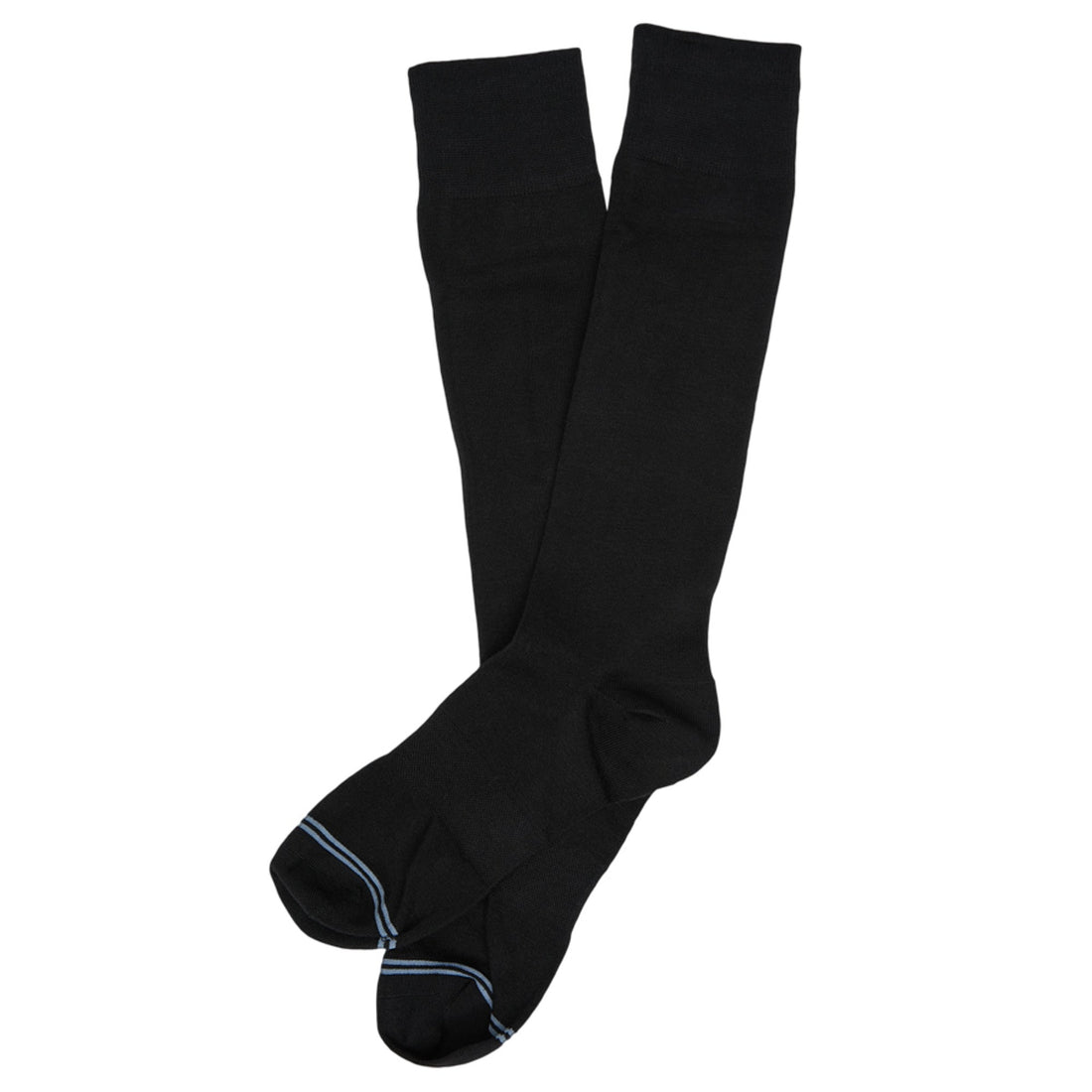 1 pair of dress socks lay side by side crossed at the ankle in solid jet black powder blue double horizontal stripe over toe