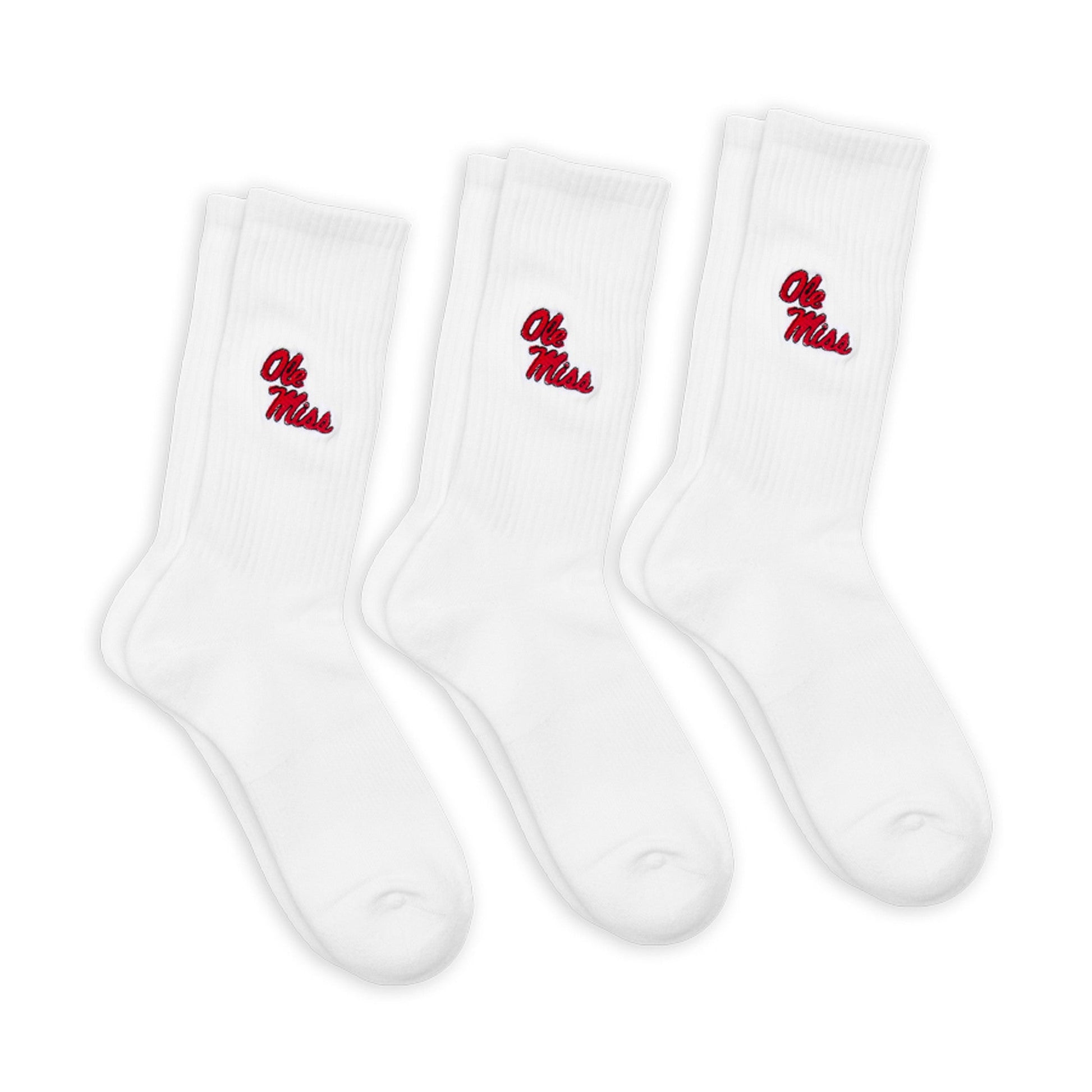 3 pack of white crew socks with embroider of Ole Miss on the calf