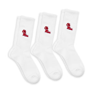 3 pack of white crew socks with embroider of Ole Miss on the calf