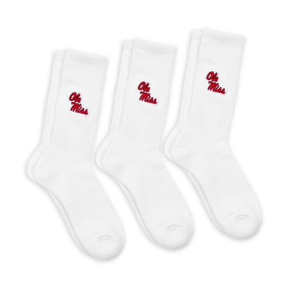 3 pack of white crew socks with embroider of Ole Miss on the calf