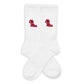 White Crew Socks with Ole Miss embroider on the calf in red laid out flat