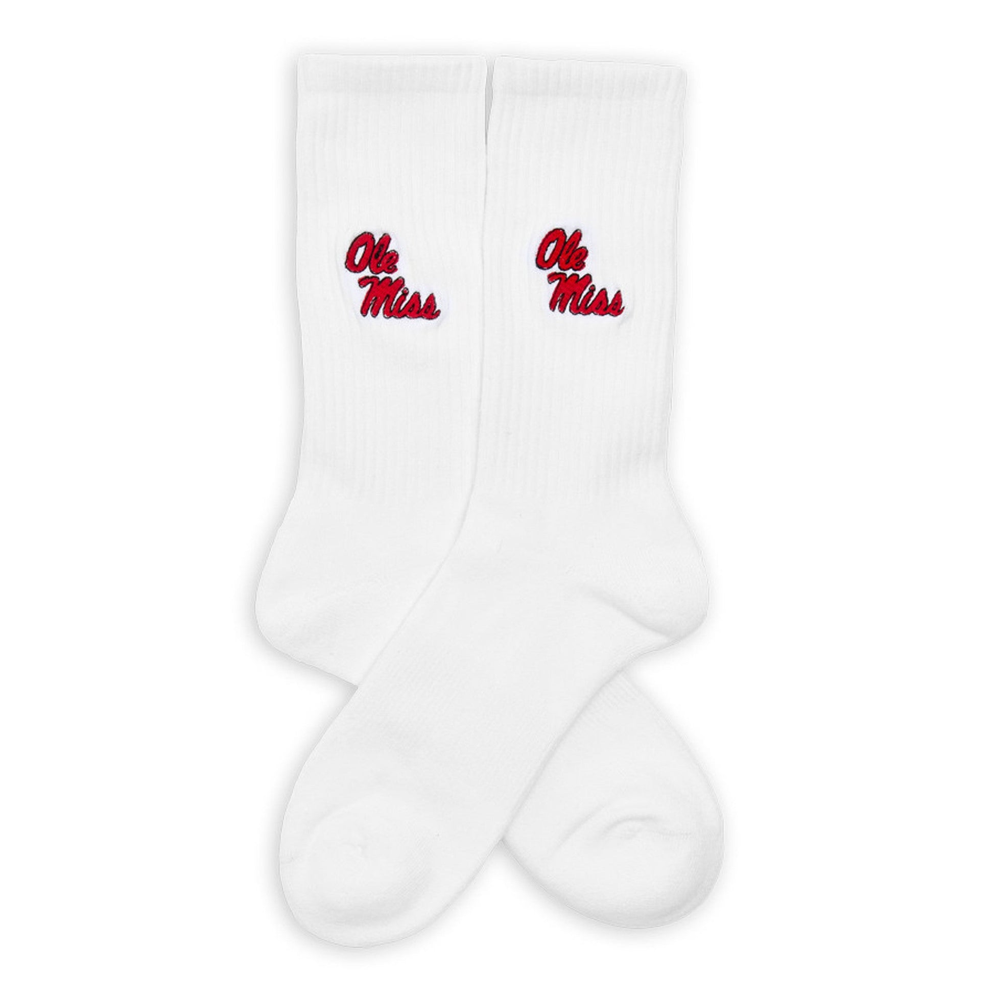 White Crew Socks with Ole Miss embroider on the calf in red laid out flat