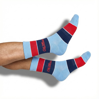 Powder blue wide-stripe casual crew socks with red REBELS text — side view