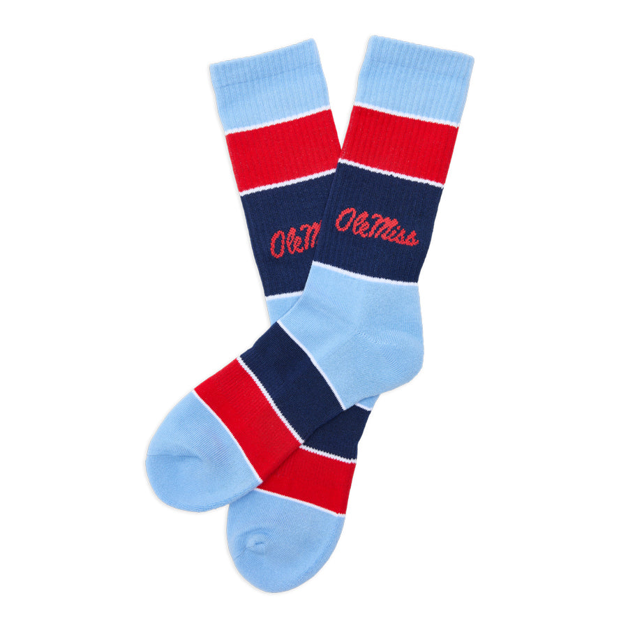 Layflat of powder blue wide-stripe casual crew socks