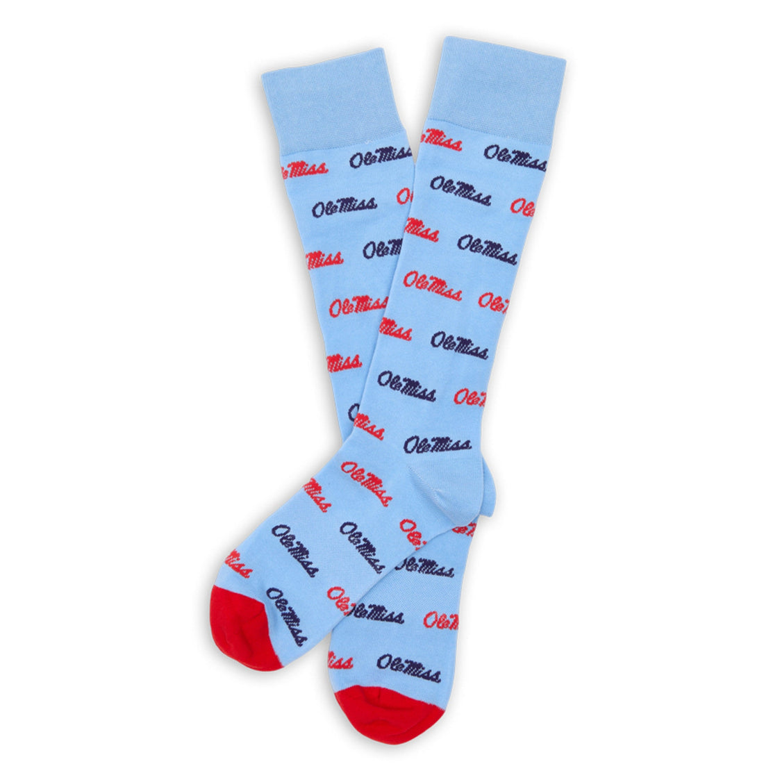 Licensed powder blue dress socks with the Ole Miss script logo in red and navy blue blue in repeating pattern shown laid flat.