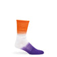 White casual socks with orange dip on leg and purple dip on the foot.