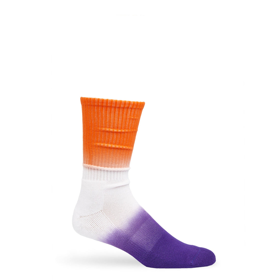 White casual socks with orange dip on leg and purple dip on the foot.