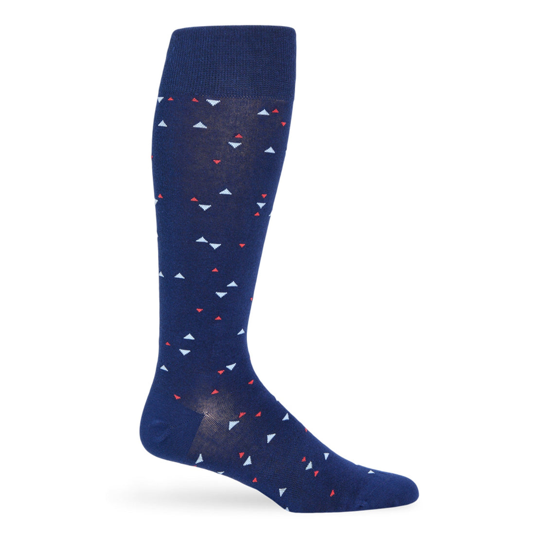 Powder blue and navy stripe dress socks with red accents