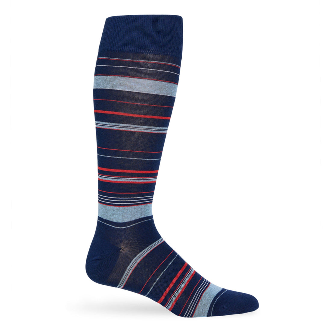 Navy dress socks with red and powder small triangle designs.