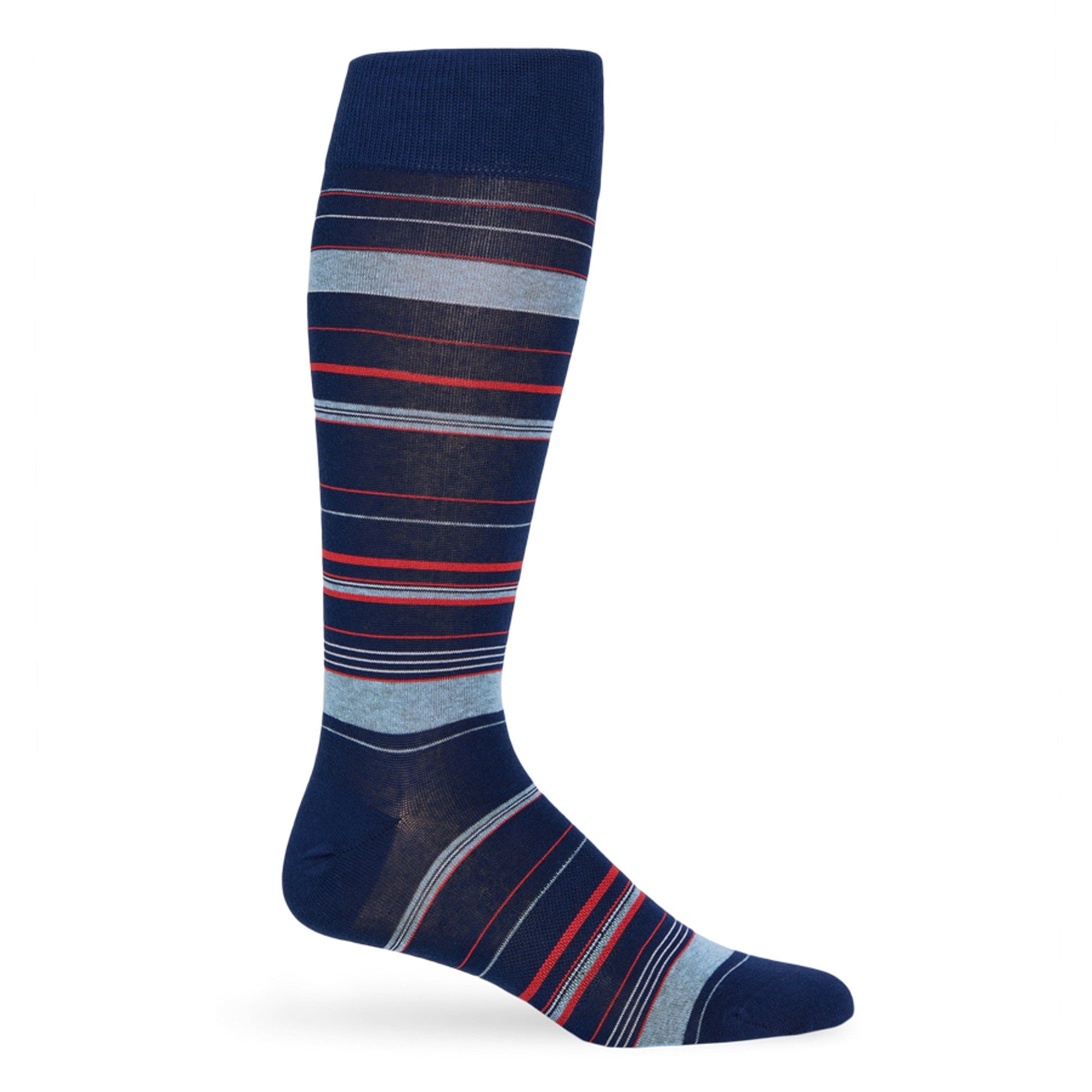 Navy dress socks with red and powder small triangle designs.