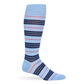 Navy and powder blue stripe dress socks with red accents on mannequin