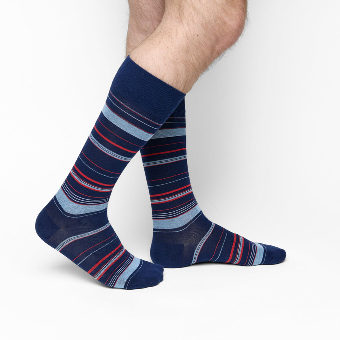 Navy dress socks with red and powder small triangle designs.