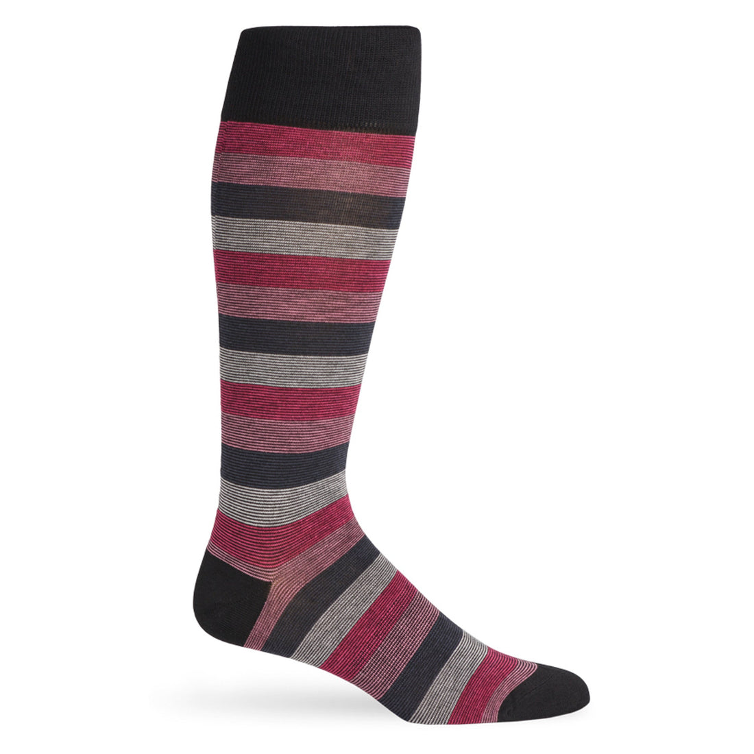 Pink, Grey and Black mini stripe colorblock dress socks shown on a mannequin.