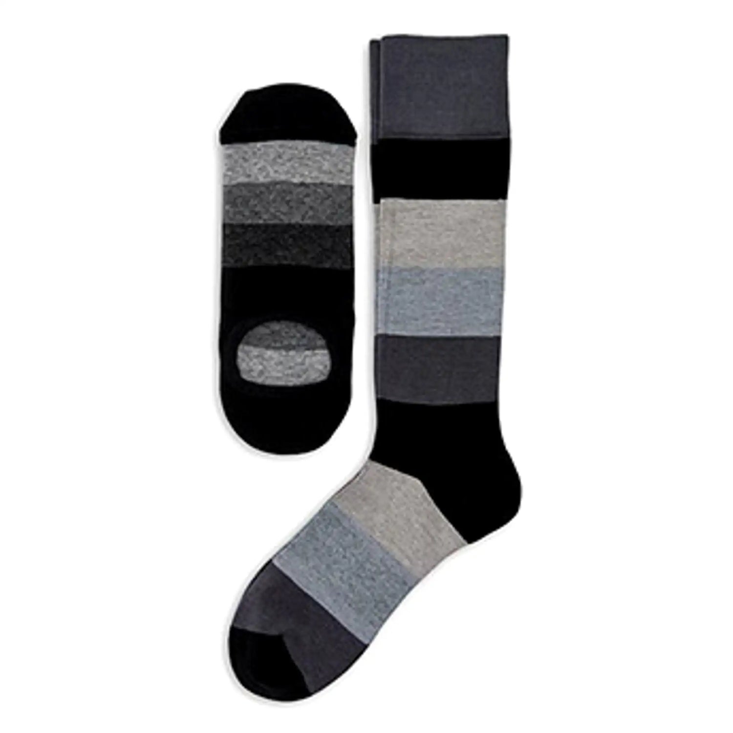 A pair of gray and black striped ankle socks with a textured, heathered finish.