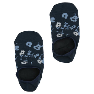 1 pair of no show socks lay flat displayed side by side in solid navy blue with powder blue and white floral pattern