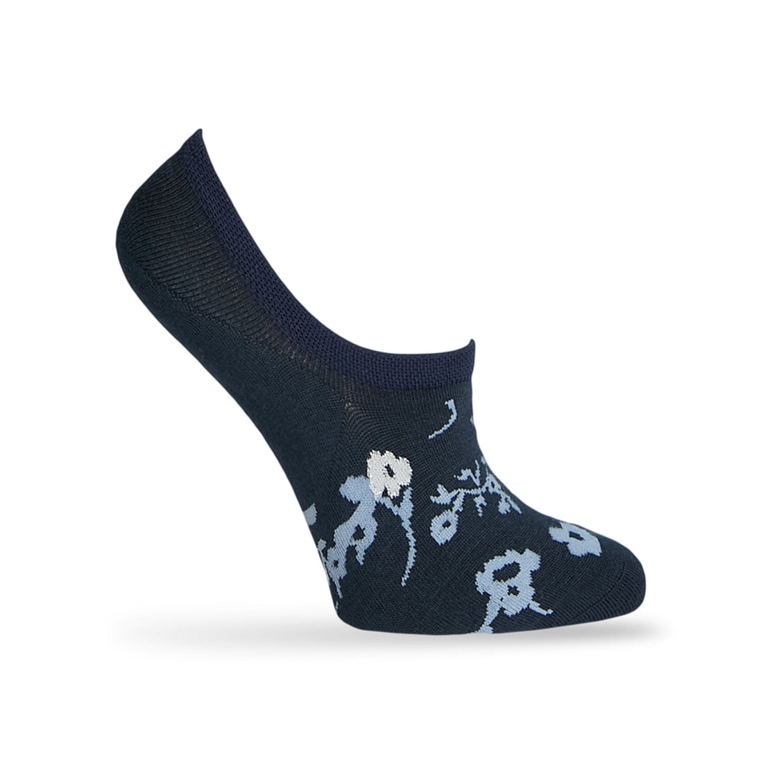 1 no show socks in solid navy blue with a powder blue and white floral pattern displayed on a mannequin