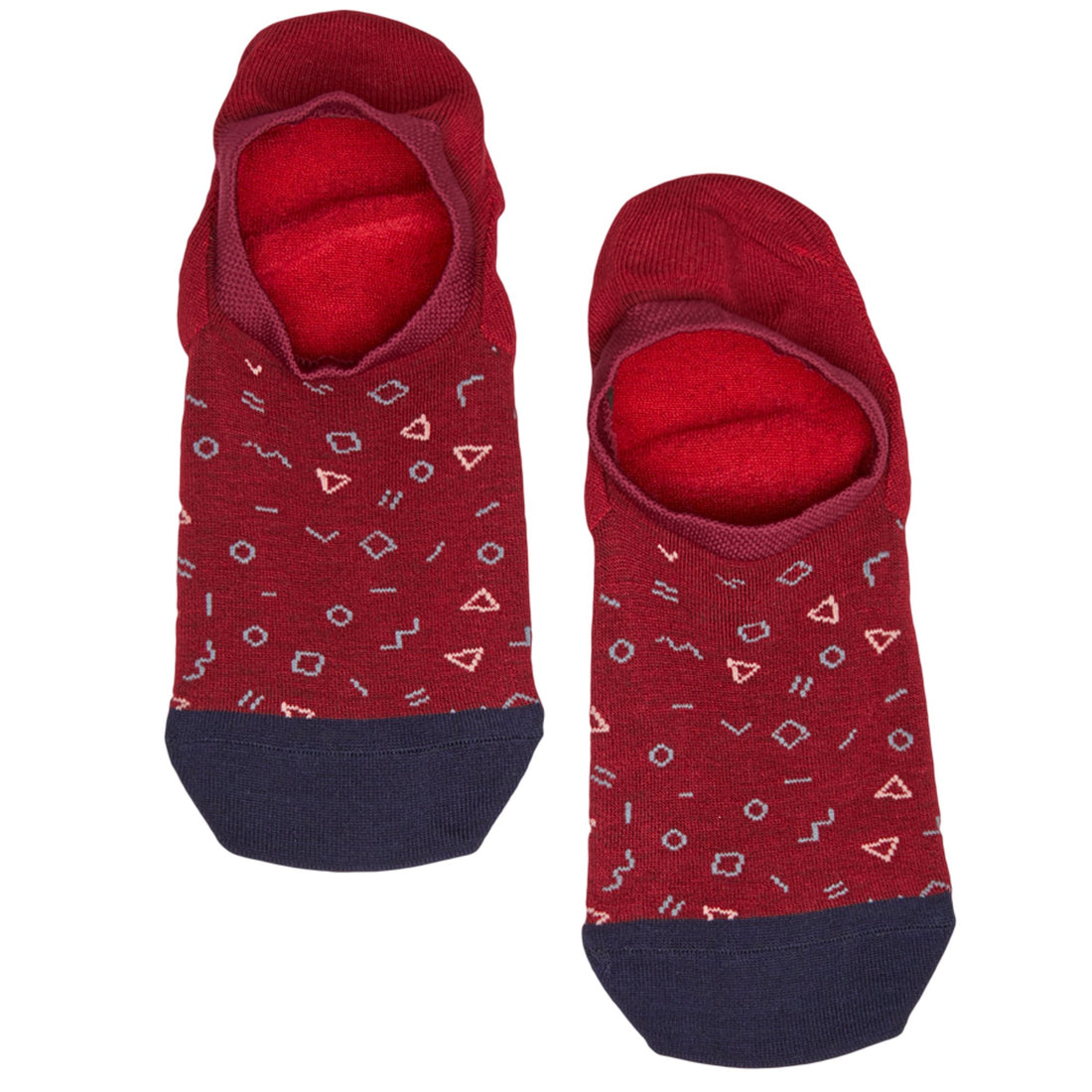 1 pair of no show socks lay flat side by side red navy toe pattern of squares triangles circles addition subtraction symbol