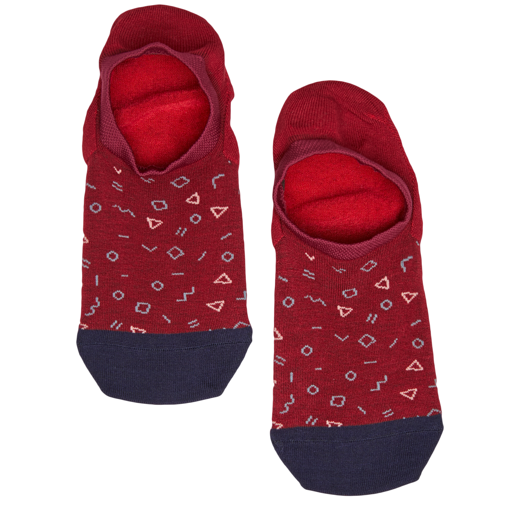 Lay flat no show sock in red with blue and white geometric pattern and navy blue for the toe