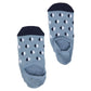 one light blue no show sock with half-circle design of navy and white shown from over the top perspective