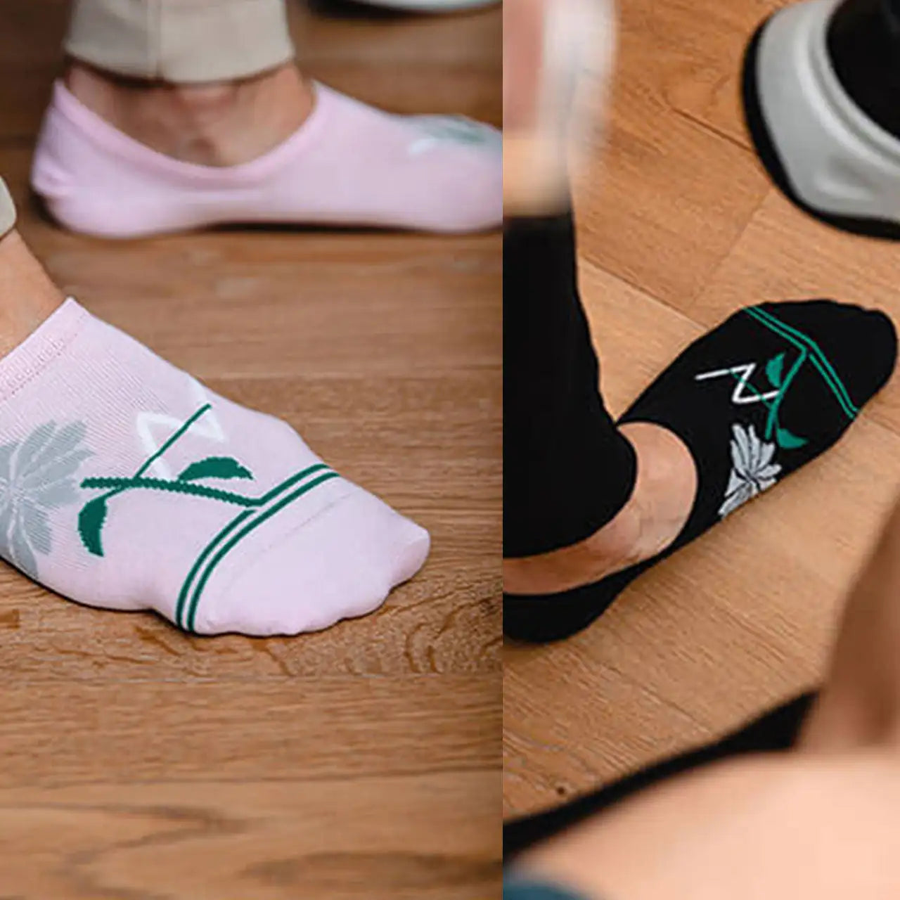 Pink and black floral no-show socks with green accents