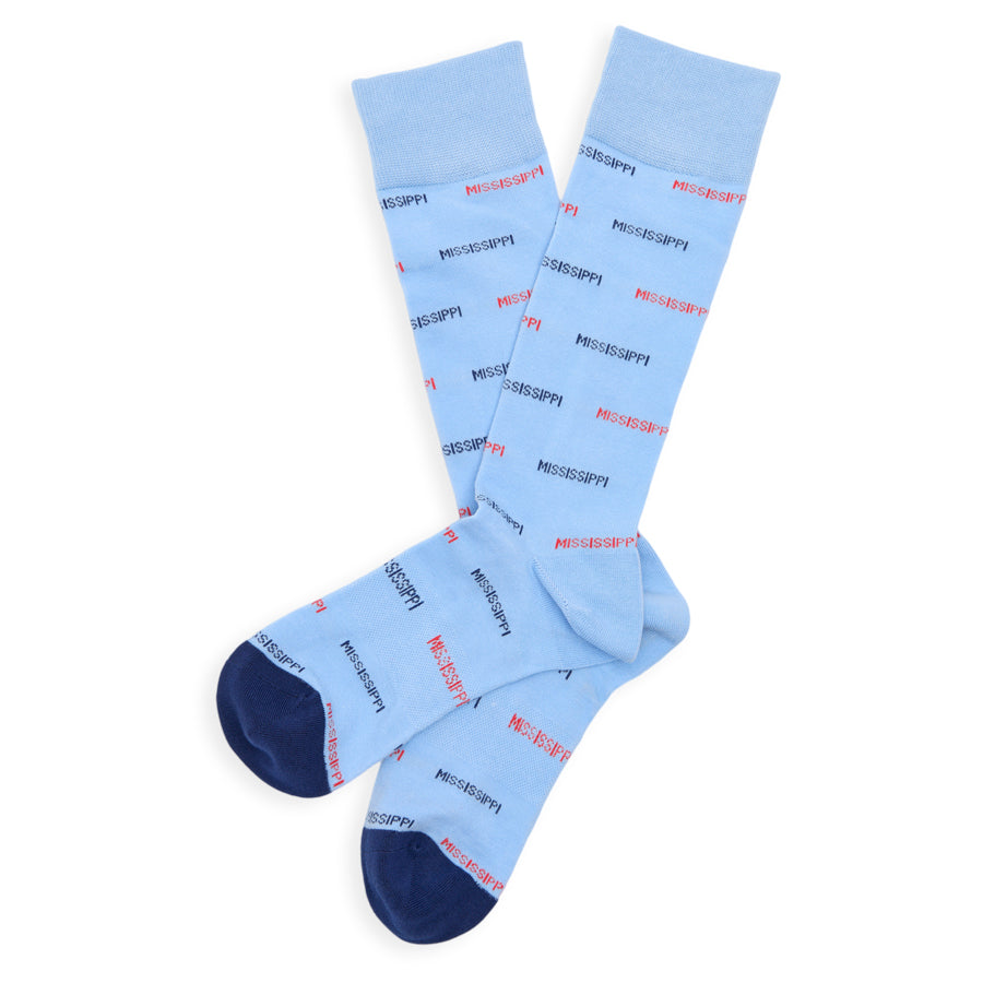 Light blue socks with 'Mississippi' text on a white background