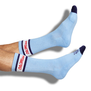 Powder Blue retro casual athletic socks with the iconic Ole Miss script logo on the leg