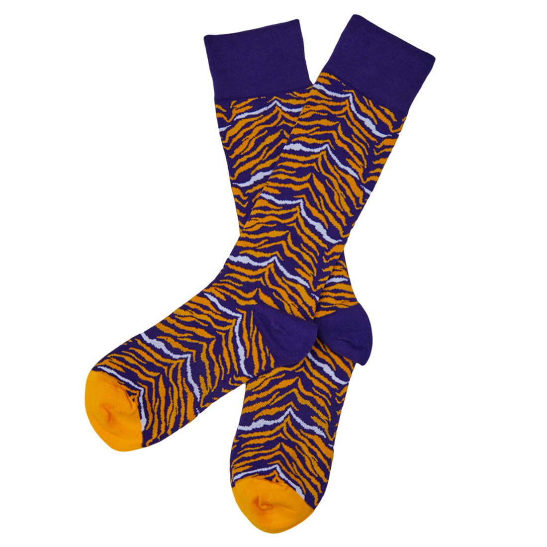 tiger stripe dress socks in purple and gold laid out flat and crossed at the heel