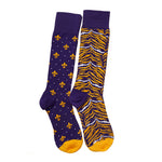 Purple and Gold 2 pack of premium dress socks by DeadSoxy. Including purple and gold tiger stripe socks, purple/gold fleur de lis socks.