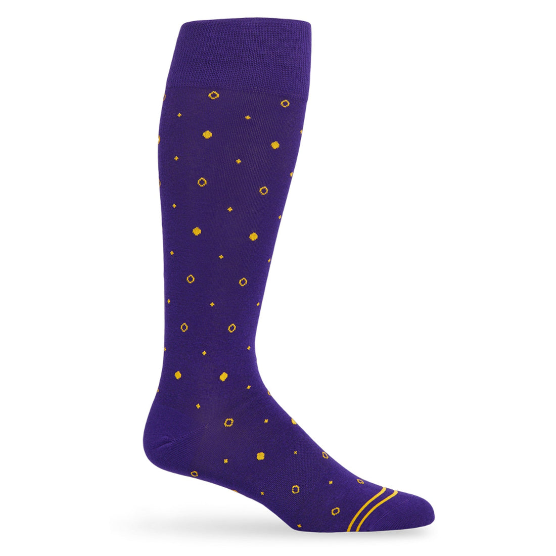 Purple dress socks with gold dots and two gold accent stripes around the toe