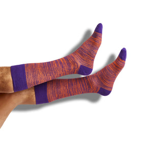 Purple and orange marl dress socks shown on legs