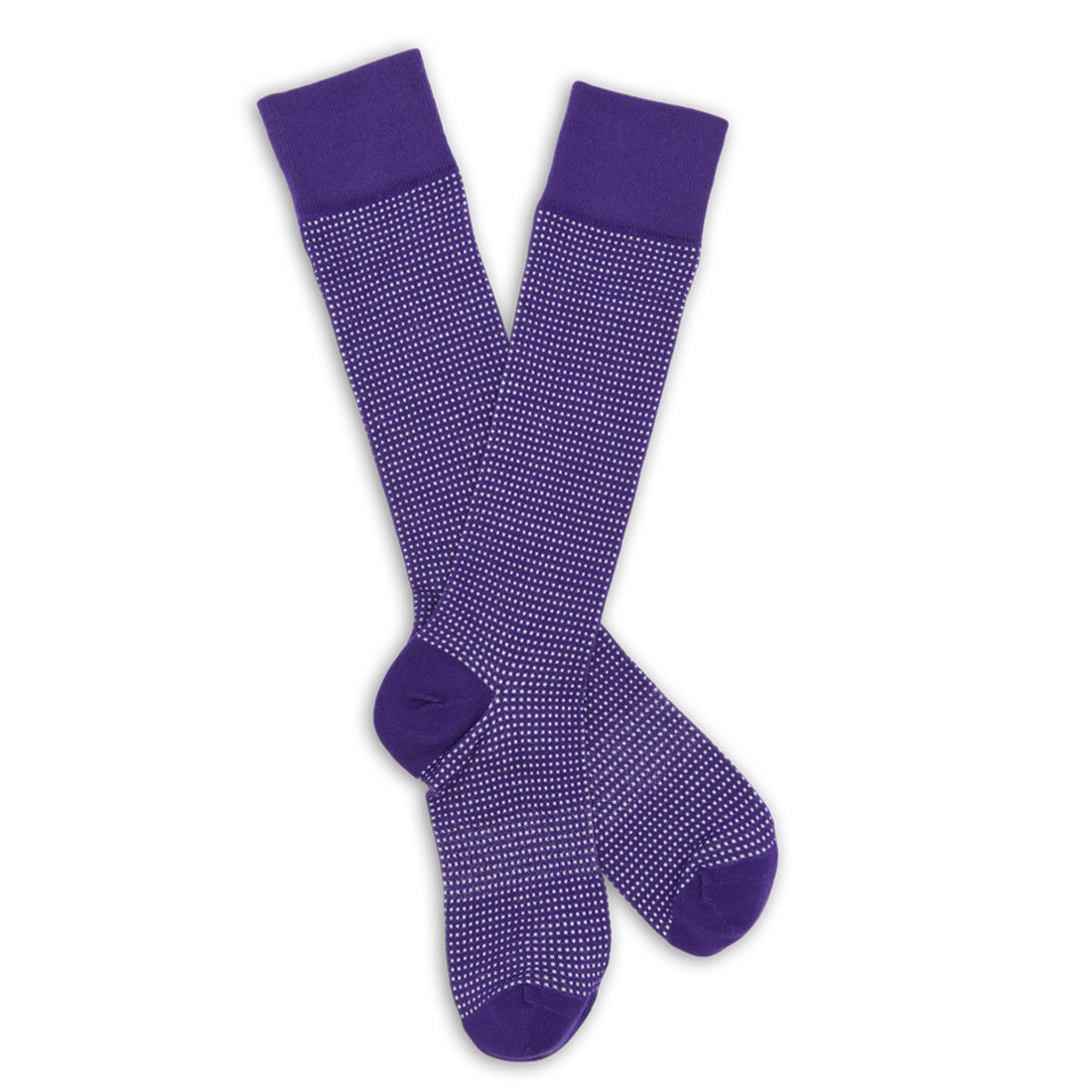 Purple and white dress socks with birdseye dot design lay flat image