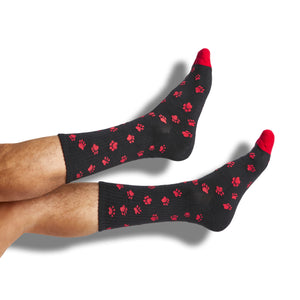 red and black casual socks with paw print design