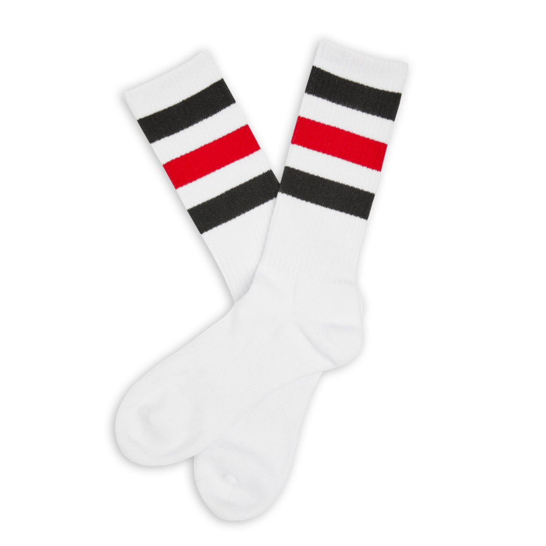 white casual socks with red and black retro stripes on the leg
