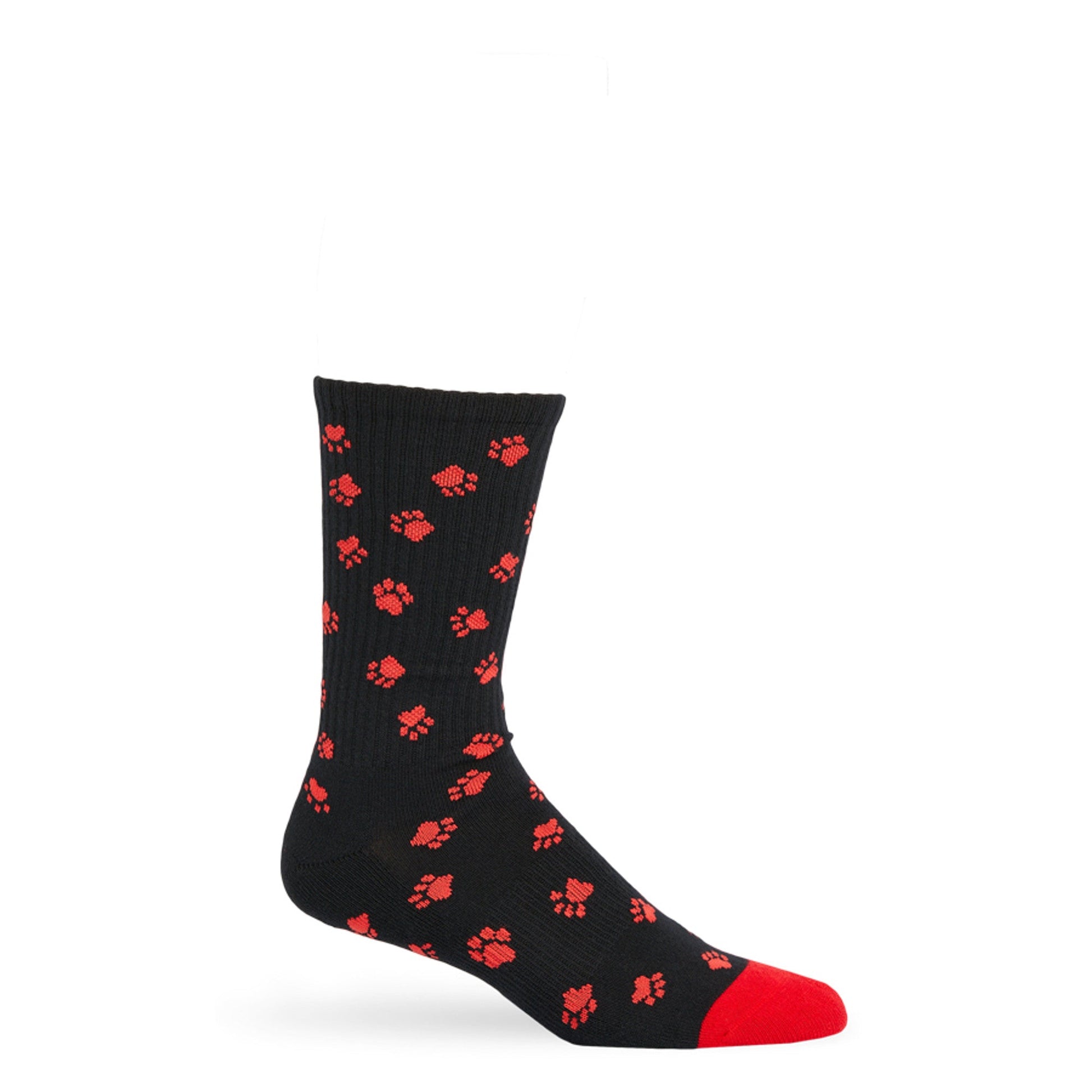 Black casual socks with paw print design and a red toe