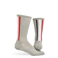 Silver athletic casual socks with cushion foot and red, white, and black stripes down the back of the leg