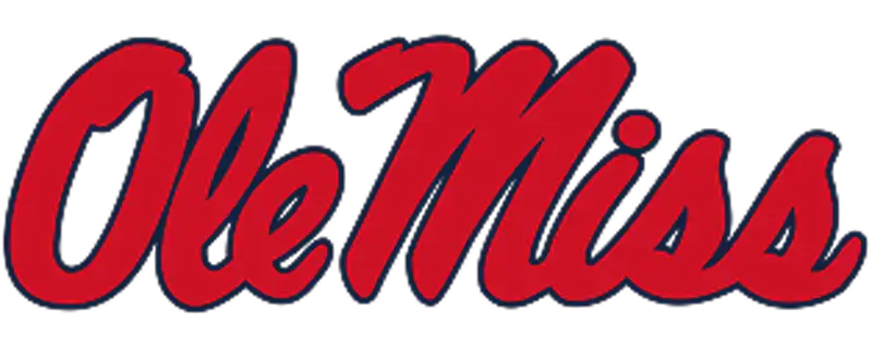 Red ’ole miss’ script logo with a navy blue outline.