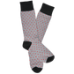 Lay flat dress socks in grey with red polka dots and black for the toe, heel, and hem.
