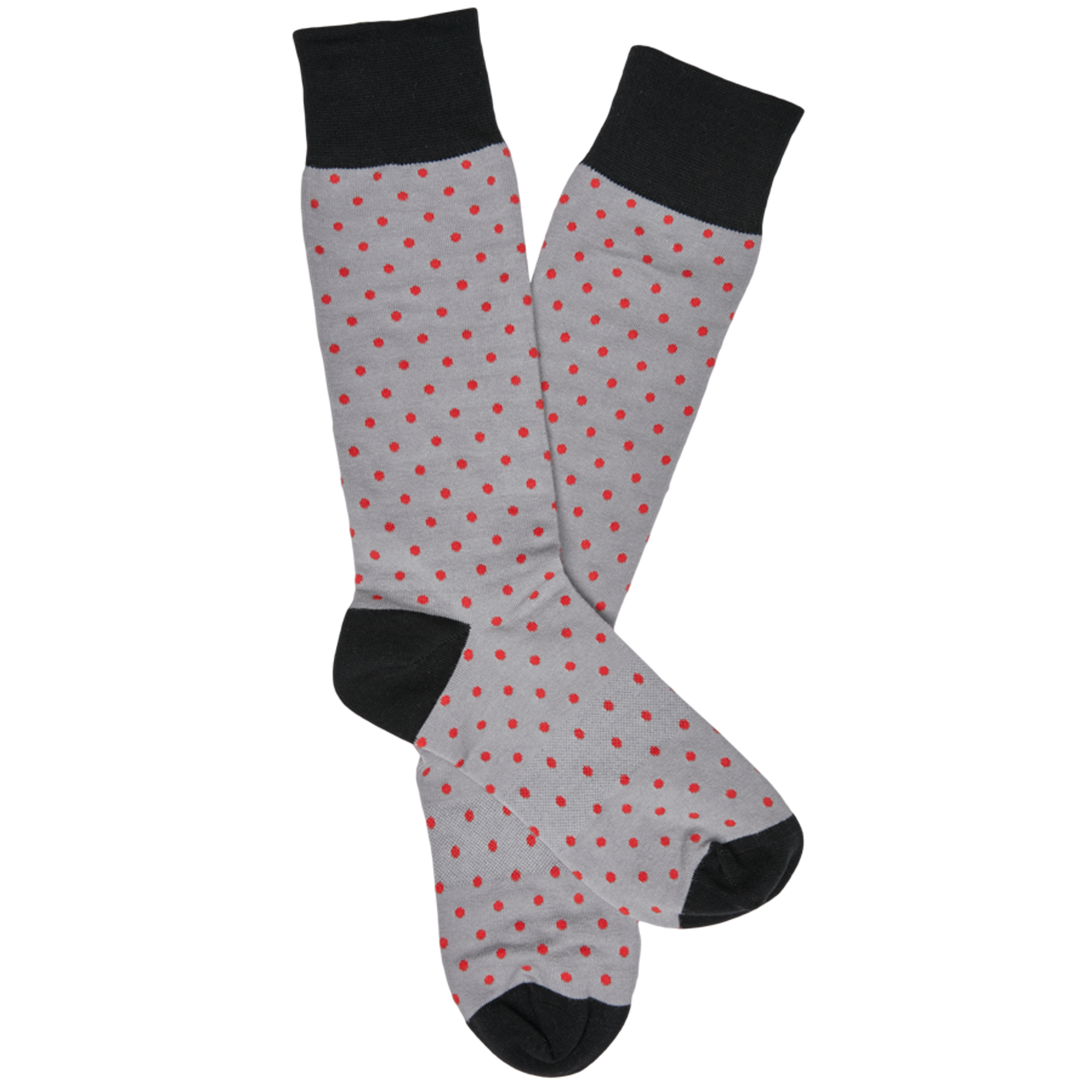 Lay flat dress socks in grey with red polka dots and black for the toe, heel, and hem.