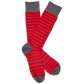 Lay flat dress socks in red with black stripes and grey for the toe, heel, and hem.