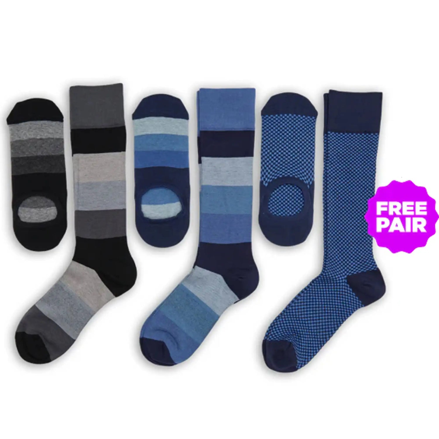 Set of five men’s dress socks in assorted blue and gray striped or textured patterns with reinforced heel and toe sections.