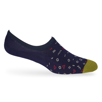 1 no show sock in solid navy blue with green toe and a pattern of geometric and math symbols being displayed on mannequin