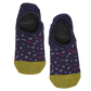Lay flat no show sock in green with navy blue, powder blue, and black stripes with a black webbed pattern across the middle of the foot and powder blue for the toe