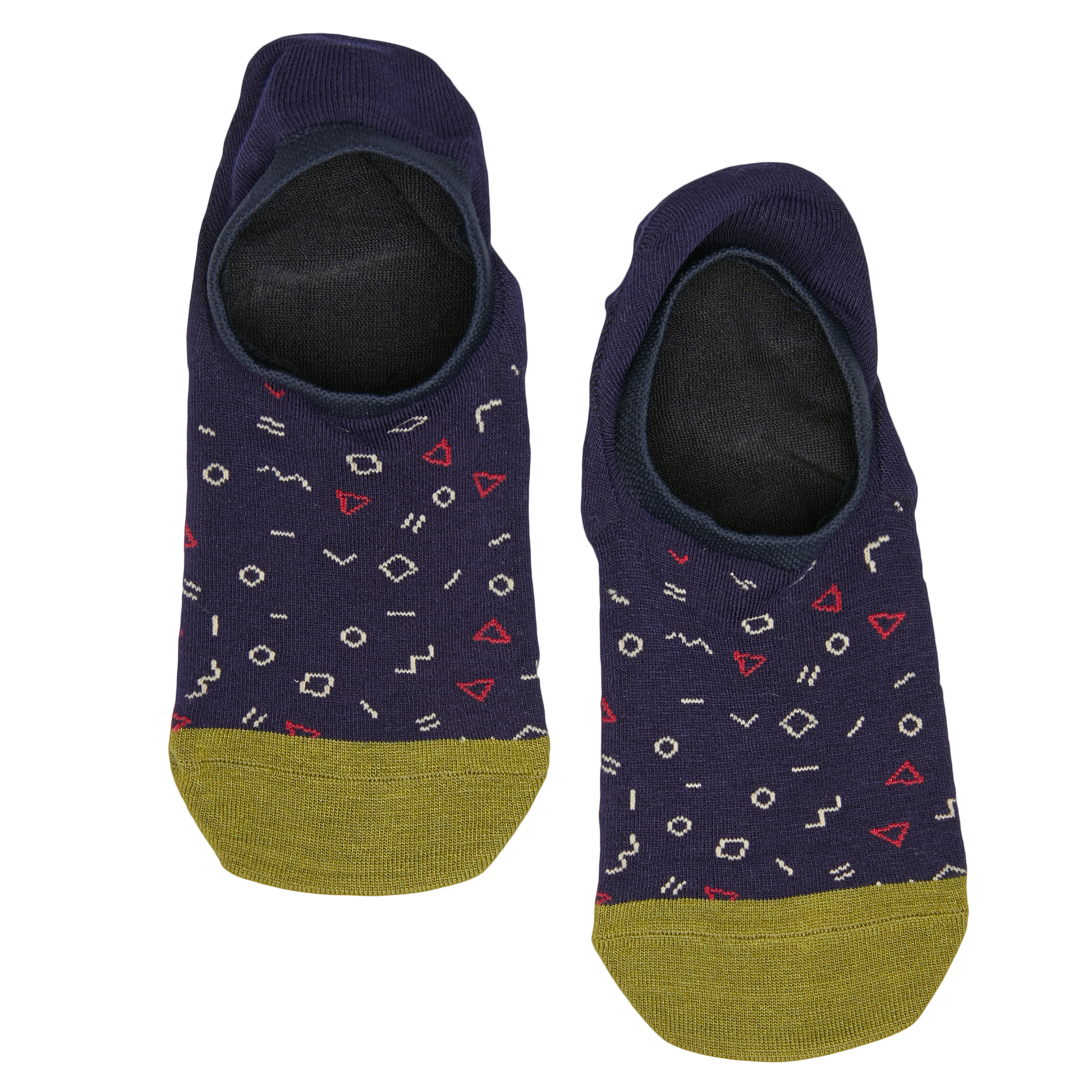 Lay flat no show sock in green with navy blue, powder blue, and black stripes with a black webbed pattern across the middle of the foot and powder blue for the toe