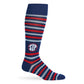 Knee-high sock with blue, red, and powder blue stripes and SIP on ankle on a white background