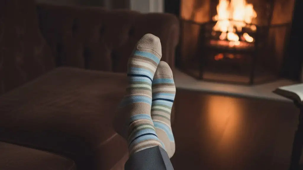 Striped socks in beige, light blue, and green hues with a soft knit texture.